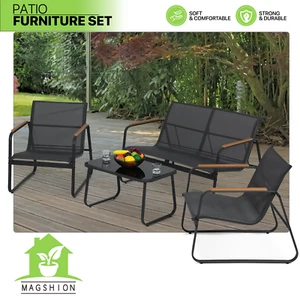 Patio Furniture Set Loveseat Sofas + Glass Table Conversation Furniture Black x4 - Picture 1 of 11