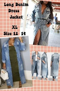 Womens Distressed Jean Jacket Dress Size XL 12 14 Destroyed Long Denim Coat Maxi - Picture 1 of 12