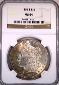 1881 S Morgan Silver Dollar NGC MS64-Obverse Crescent Toning - Picture 1 of 4
