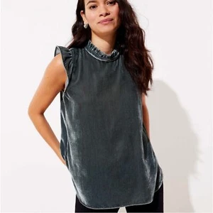 LOFT grau grün Samt hochgeschlossen Rüschen ärmellos Shell Top Größe Small neu mit Etikett - Bild 1 von 8