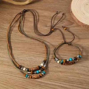 PU Leather Natural Boho Necklace & Bracelet Set, Wooden & Metal Beads, Ethnic - Picture 1 of 5