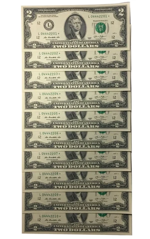 10 Consecutive Serial # Uncirc. $2 (2017) BILL * STAR * NOTES in 10-Page ALBUM Cover