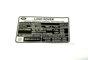 (1) Etiqueta de emisiones genuina Land Rover LR009757 se adapta a 2009 - Imagen 1 de 2