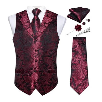  Mens Vest Tie Set 7PCS Silk Paisley Suit Waistcoat and Medium Paisley Burgundy - Image 1 of 4