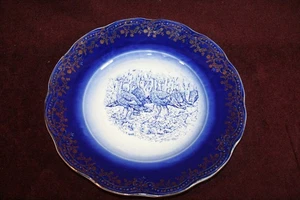 Rare Antique French Transfer Ware Flow Blue Gold Gilt Scalloped Turkey Plate - Picture 1 of 6