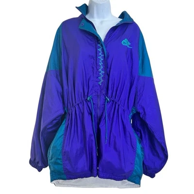 Chaqueta cortavientos Nike vintage años 90 para mujer talla XL púrpura verde azulado grande Swoosh  Foto 1 de 4