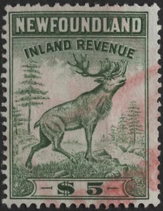 Canadá 1966 VanDam #NFR52 $5,00 verde, perfecto 13,5, caribú, Nfld. Ingresos internos, - Imagen 1 de 1