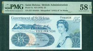 ST HELENA, 1976, £5 mal escrito "ANGLAE", selección #7a, PMG grado 58EPQ elección AU - Imagen 1 de 2