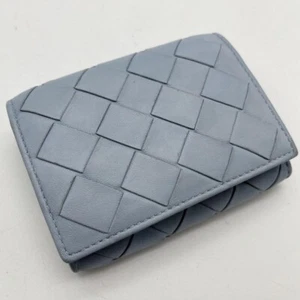 Authentic Bottega Veneta Intrecciato Compact Trifold Wallet Light Blue Leather - Picture 1 of 15