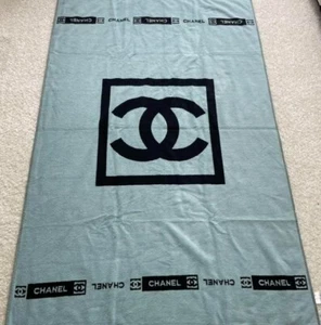 Authentic Chanel Vintage Beach Towel Cotton Navy Light Blue Deadstock Not Used - Picture 1 of 5
