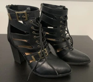Bamboo Womens Black 4 Inch Block Heel Lace Up Shoes Boots Size 8 Black Zipper - Picture 1 of 8