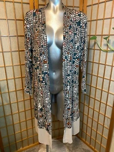LOGO Lori Goldstein Chiffon Hem Geometric Long Sleeve Open Front Duster * sz L - Picture 1 of 9