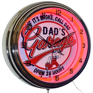 16" Dad's Garage - If It's Broke, Call Dad! Neon Clock Man Cave Decor (Red) - Picture 1 of 6