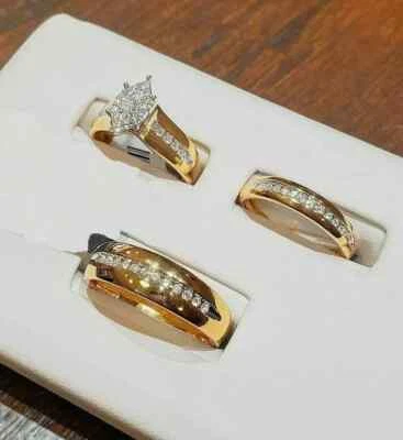 His Her Bridal Trio Lab Created Diamond Wedding Ring Set 14K Yellow Gold Plated - Image 1 of 2