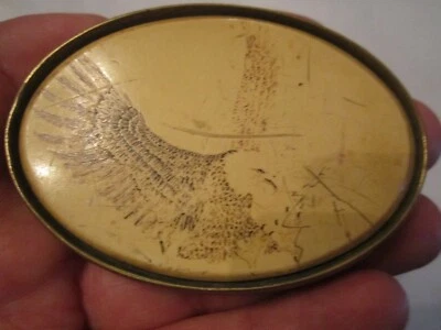 EAGLE DESIGN ETCHING ON OFF WHITE STONE? BELT BUCKLE  - BRASS - 3" X 3" - GW9 - Image 1 of 4