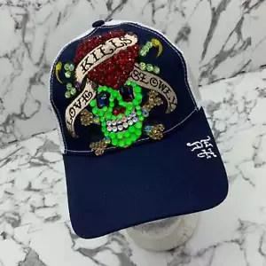 Uomo Ed Hardy Love Kills Slowly Navy | Bianco | Verde Lime Strass Camionista Ha - Foto 1 di 9