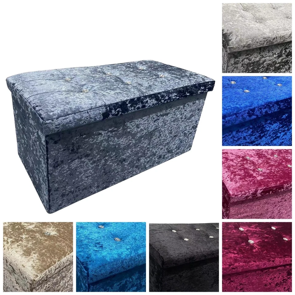 Foldable 1 or 2 Seater Crush Velvet Diamante Ottoman Storage Cube Toy Box Chest - Image 1 of 1
