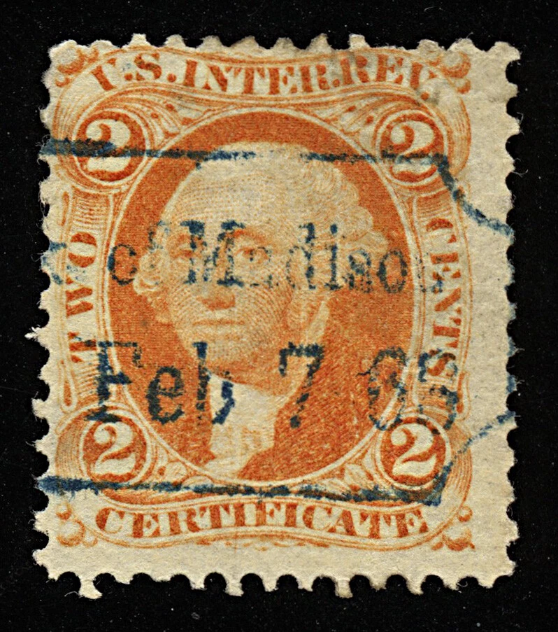 U.S. Revenue Scott #R8c 2c Certificate orange, 1868 boxed bank handstamp CV=$50 - Image 1 of 1