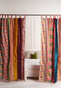 2 Pcs Indian Sari Patchwork Curtain Drape Window Decor Multi Silk Sari Curtain - Picture 1 of 5
