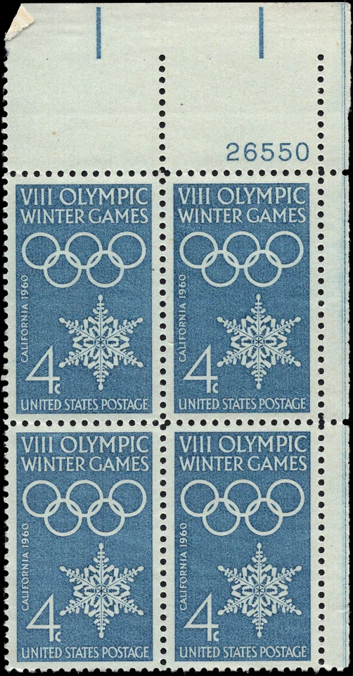 US Scott # 1146, 1960 VIII Winter Olympic Games, Plate Block of 4 4¢ Stamps, MNH - Image 1 of 1