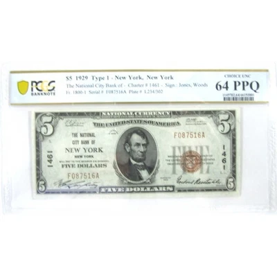 1929 $5 National Banknote New York Charter 1461 F1800 64 PPQ PCGS - Image 1 of 2