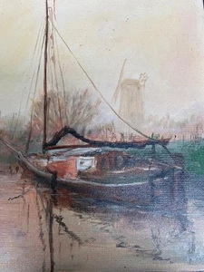 OIL PAINTING on Board SAIL BOAT & WINDMILL ON THE BROADS NORFOLK Molly Rockley - Picture 1 of 5