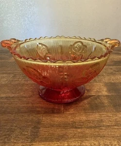 Vintage Jeanette Amberina Pressed Red Yellow Iris Floral Glass Bowl W/Handles - Picture 1 of 11
