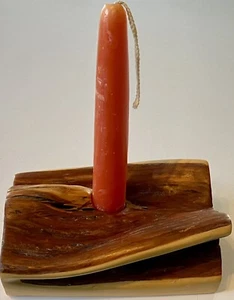 Vintage Natural Live Edge Wood Log Shaped Candle Holder With VTG Tapper Candle - Picture 1 of 12