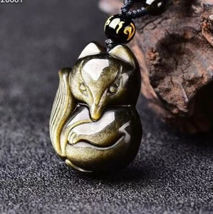 Crystal natural gold obsidian fox necklace pendant with bead chain for wen - Bild 1 von 7