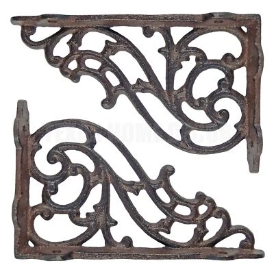 2 Small Shelf Brackets Scrolls Cast Iron Brace Antique Style 5 1/4 x 3 1/4 inch - Image 1 of 4
