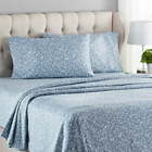 4-Piece 300 Thread Count Blue Floral Print CVC Cotton Blend Bed Sheet Set, Queen