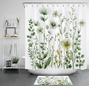 Botanical Green Floral Eucalyptus leaf Shower Curtain Bathroom Accessories Set - Picture 1 of 23