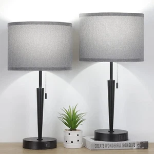 GGOYING Set of 2 Bedside Lamp, Pull Chain Big Table Lamps with USB C+A Chargi... - Picture 1 of 5
