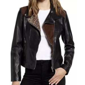 Bernardo Leather Jacket Leopard Print Asymmetrical Zip Moto Black Brown Size S - Picture 1 of 9
