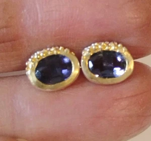 Aretes ovalados de iolita placa de oro de ley 925 - Imagen 1 de 7