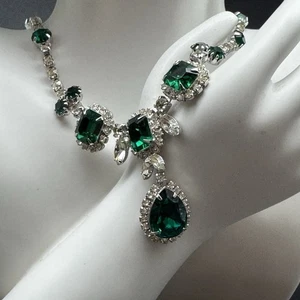 VTG Kramer of NY Emerald-Green Rhinestone Bib Necklace 16” Old Hollywood Glam - Picture 1 of 22