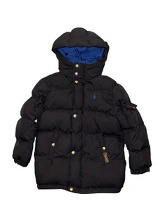 Polo Ralph Lauren Down Puffer Jacket Youth Size 6 Black Blue Hooded Zip - Picture 1 of 6