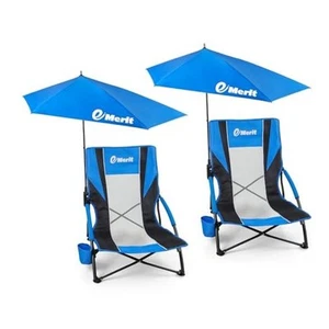 Low Beach Chairs for Adults, Sling Beach Chair with Umberalla, Folding - Picture 1 of 7