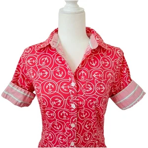 LL Bean Shirt Damen S rot maritim Anker Print Flip Cuff Preppy Coastal Resort - Bild 1 von 12
