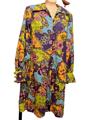 Mini Vestido Floral Psicodélico Retro Años 60 Mod Hippie Aline GoGo Talla L Foto 1 de 4