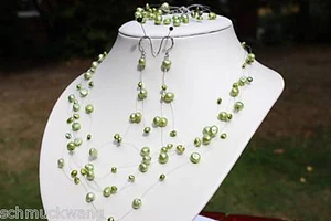 S07 echte Süßwasser Perlen Schmuck Set Kette Ohrringe Armband Collier OliveDrabz - Imagen 1 de 1