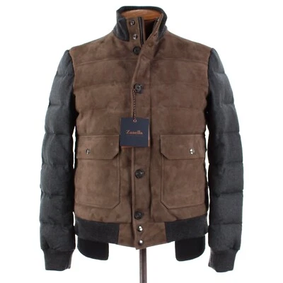 Zanella NWT Wool / Goat Suede Quilted Down Jacket Size Small US In Gray & Brown - Image 1 of 4