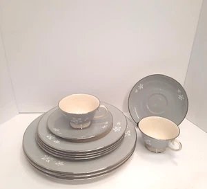 Flintridge China Misty Leaf Gray White Leaves Platinum Band 11 Pc Set Vintage - Picture 1 of 2