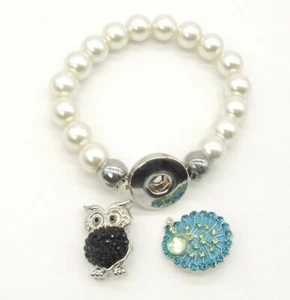 6.5" Faux Pearl Crystal Blue/Green Peacock/Black Owl Stretch Snap Charm Bracelet - Picture 1 of 5