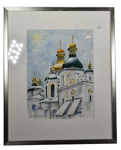 14" Vintage Watercolor Painting Signed Verna Fitzpatrick Pointilism Kiev Church - Picture 1 of 7