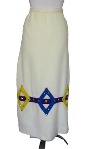 Vintage 60s Susan Thomas Maxi Skirt Small Women Cream Wool Colorful Appliques - Picture 1 of 7