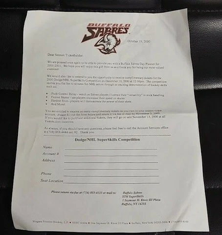 Buffalo Sabres Goat head 2000 Season Ticket Holder NHL Skills Competition Letter Cover