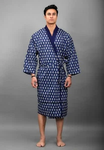Luxury Indigo Color Men’s Robes 100% Cotton Shawl Collar Bathrobe Floral Printed - Picture 1 of 7