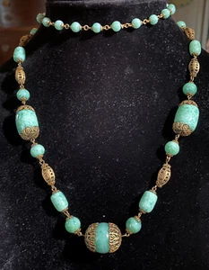 Vintage Czech? Neiger? Art Deco Peking Glass & Ornate Brass Necklace - Picture 1 of 11