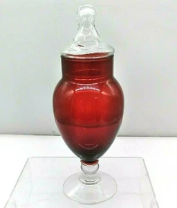 Ruby Red Glass Pedestal Apothecary Jar Urn With Clear Lid vintage Not Flashed - Picture 1 of 4